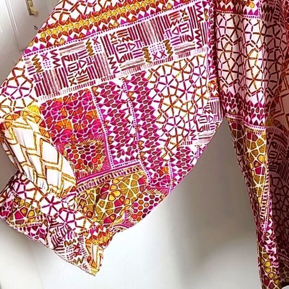 Zac & Rachel Colorful Print Top, Wide Balloon Sleeves, Pink,White,Gold, Size XL - Picture 5 of 9